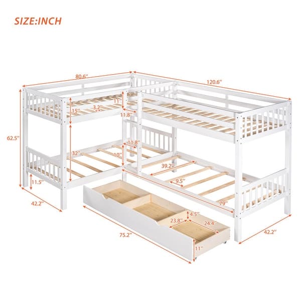 Twin L-Shaped Bunk bed with Drawers-Gray