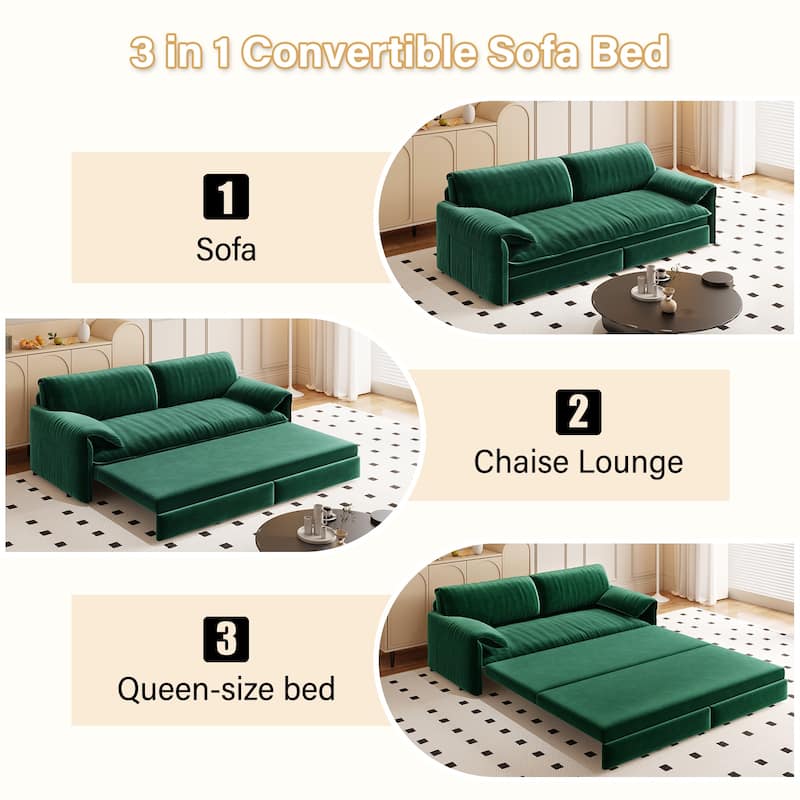 66" Pull Out Sofa Bed, 3-in-1 Convertible Queen Sleeper Sofa with Side Storage, Velvet Loveseat for Living Room Apartment