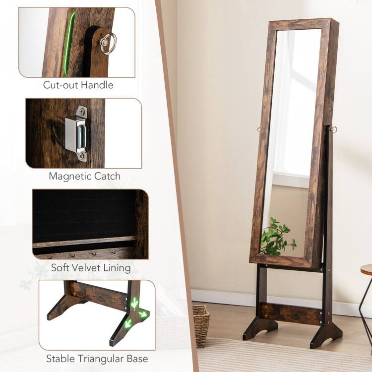 Mirrored Standing Jewelry Cabinet Storage Box - 13" x 14.5" x 56" (L x W x H)