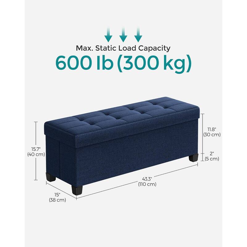 Fabric Upholstered 43" Wide Small Storage Ottoman with Wooden Legs and Tufted Lid