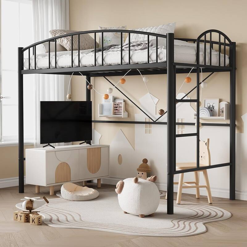 Space-Saving Twin Metal Loft Bed Frame, Safety Ladder, No Box Spring Needed