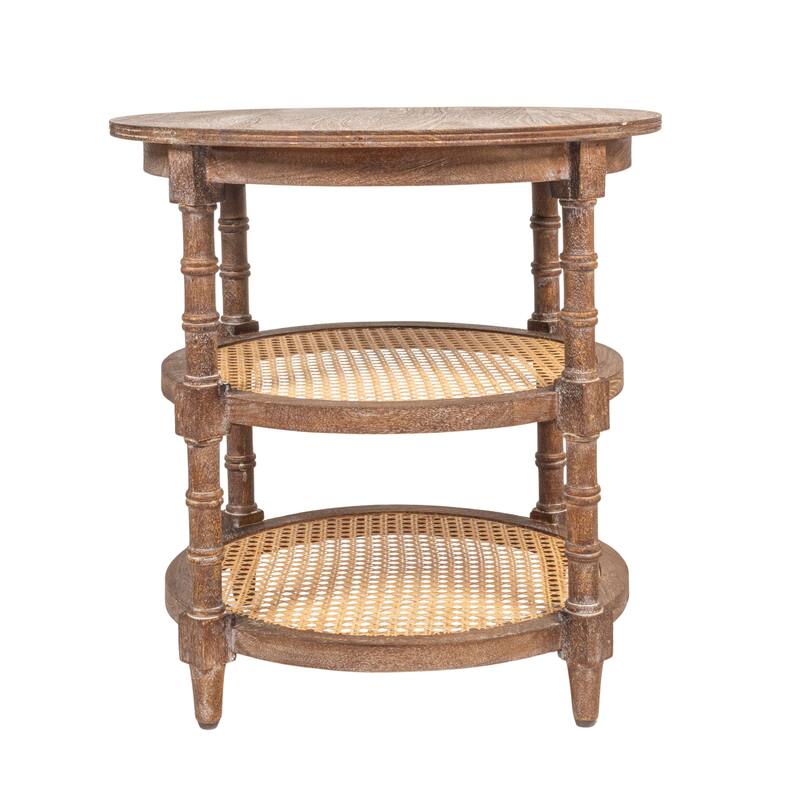 Round Mango Wood Table with 2 Cane Shelves
