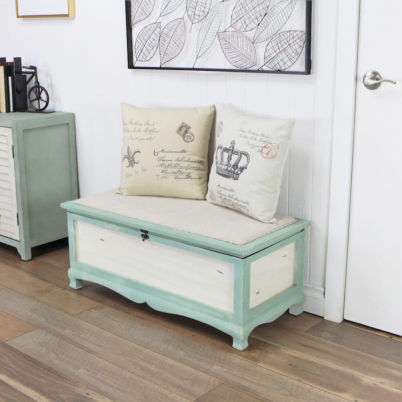 Seafoam Green Wooden Shabby Bench Chest with Seat Cushion - L: 36" x W: 16.5" x H: 15" - L: 36" x W: 16.5" x H: 15" - Green