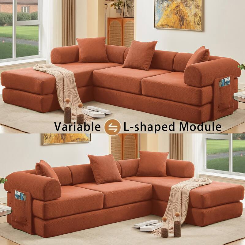 107" Orange Corduroy Modular Sectional Sofa Bed, 7-in-1, No Assembly