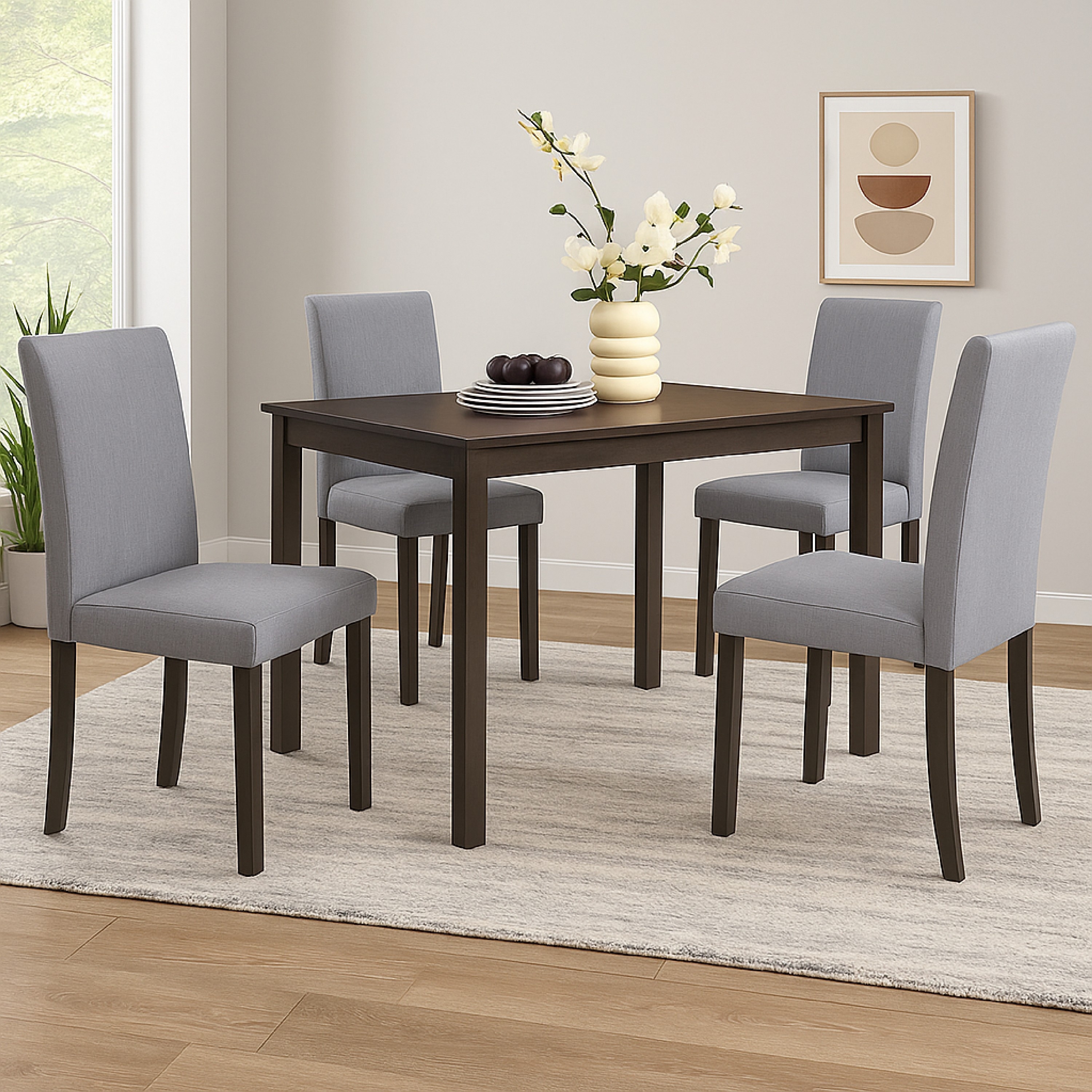 Muly Side Dining Chair Set of 4, Fabric Seating, Gray Brown Wood