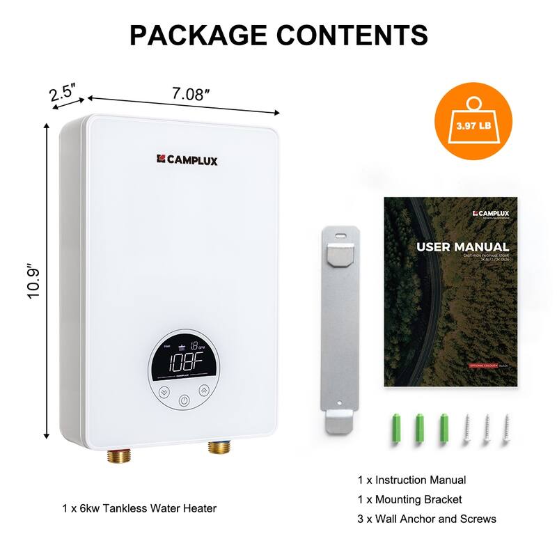 CAMPLUX 1.8 GPM Electric Tankless Water Heater 6kW 240V, White