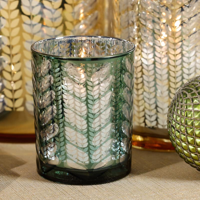 Laser-Etched Metallic Glass Hurricane Candle Holders, Set of 2
