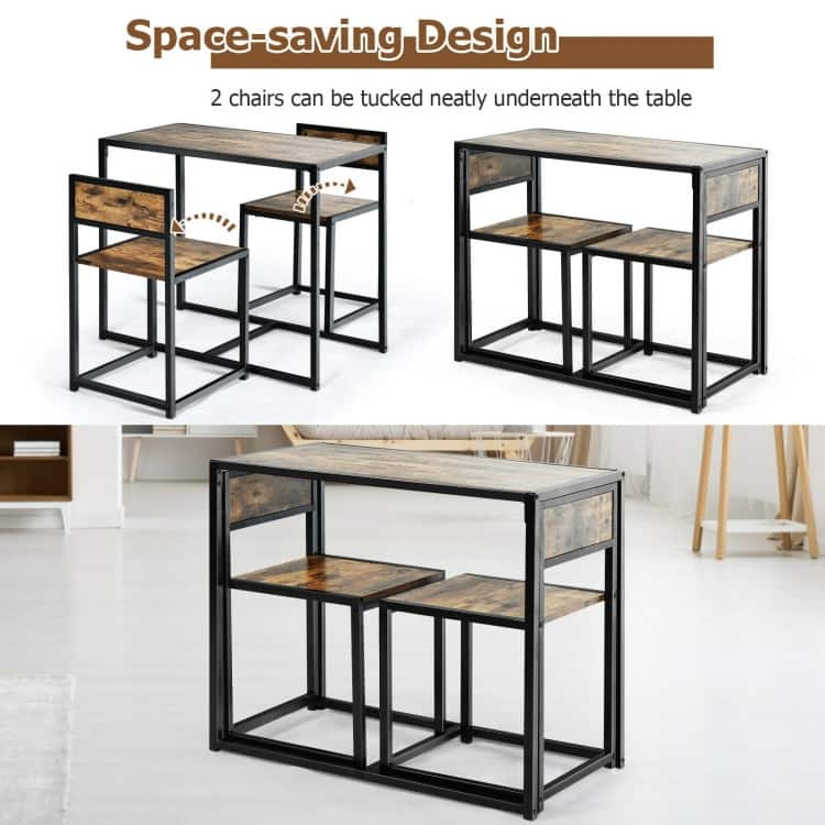 3 Pcs Dining Set Compact Table and 2 Chair with Metal Frame for for Small Space
