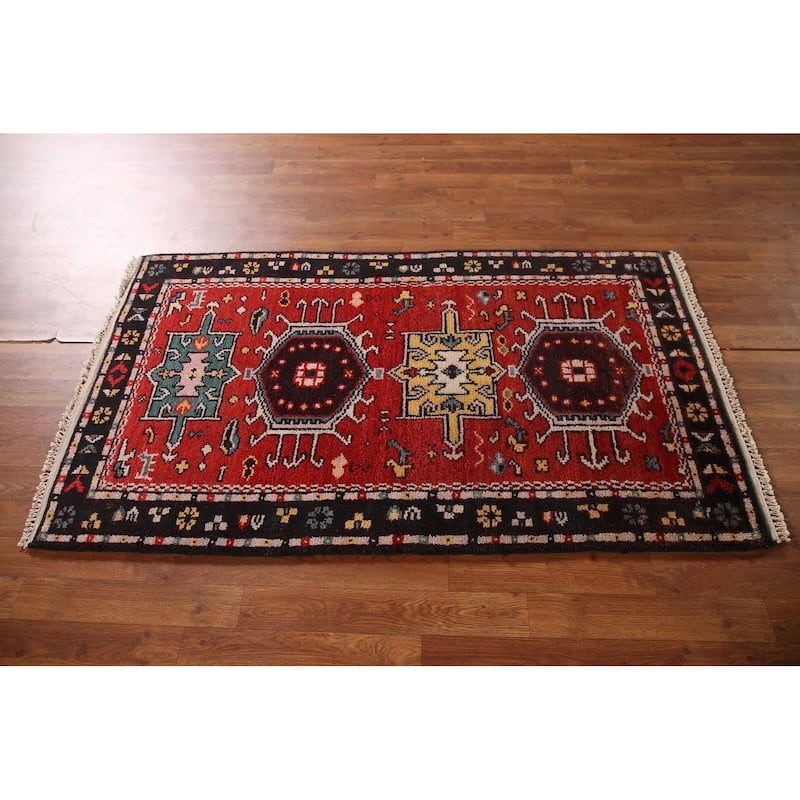 Geometric Kazak Indian Area Rug Hand-knotted Wool Carpet - 2'11"x 5'0"