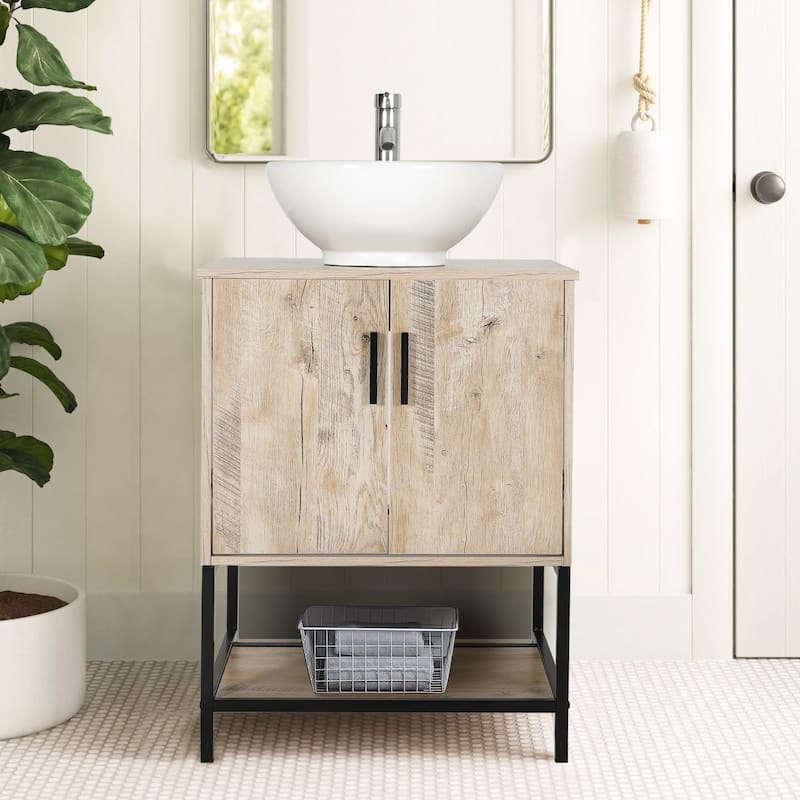24" Bathroom Vanity Sink Combo Oak Cabinet Vanity Tempered Glass/Ceramic Sink - white ceramic round sink