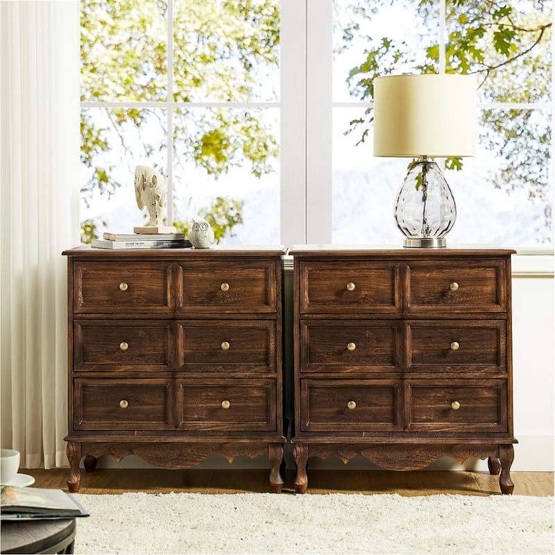 Pallantium Farmhouse 30"Tall Distressed 3-Drawer Nightstand With Solid Wood Legs and Adjustable Feet Set Of 2 by HULALA HOME - Walnut