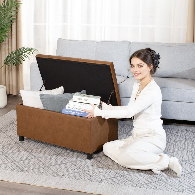 Adeco Rectangular Storage Ottoman Faux Leather Bench Lift-top Footrest