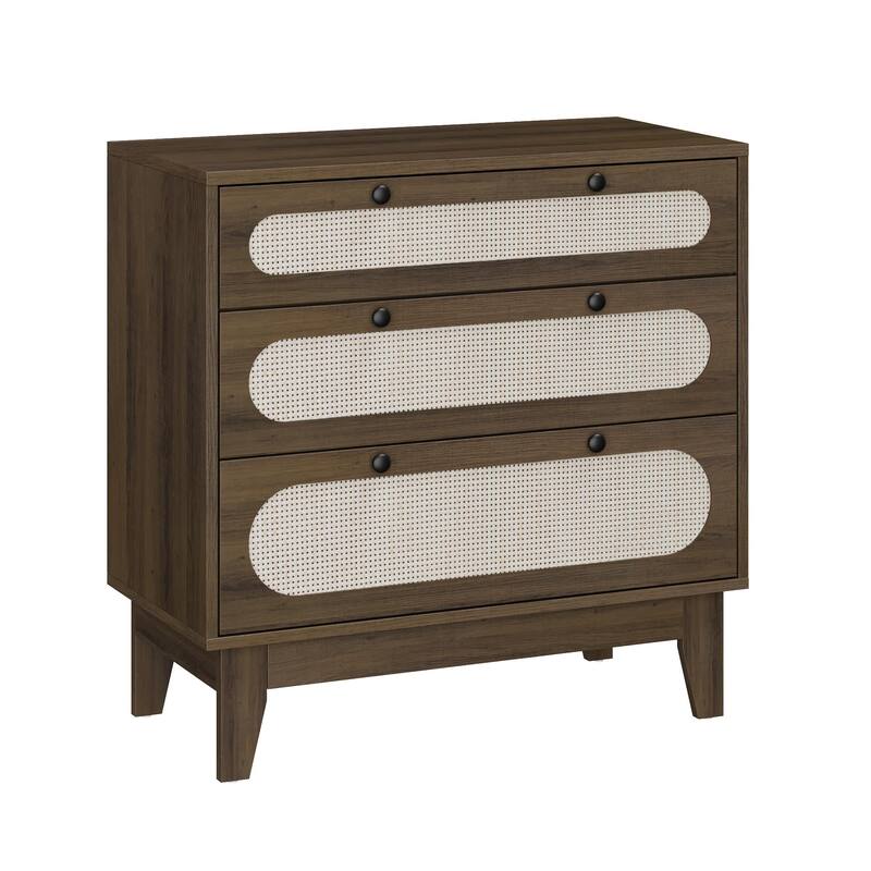 3 Drawer Wood Dresser with Rattan Accents, Modern Wood Storage Chest