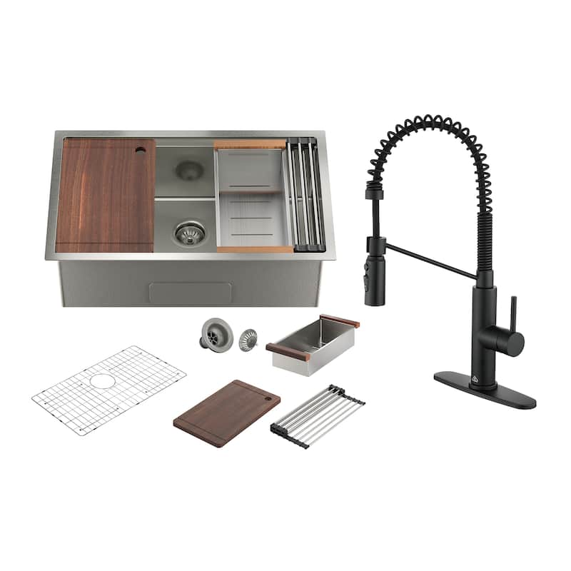 Undermount Single Bowl 16 Gauge Nano Stainless Steel Workstation Kitchen Sink with Pull Down Kitchen Faucet and Accessories - 32 x 19 x 10 - Sink + Matte Black Pull Down Kitchen Faucet
