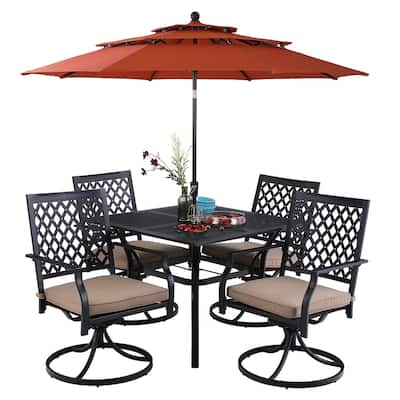 MAISON ARTS 6-Piece Metal Patio Dining Set: 4 Swivel Chairs, 1 Steel Frame Square 37" Table and 1x10ft 3-Tier Red Umbrella