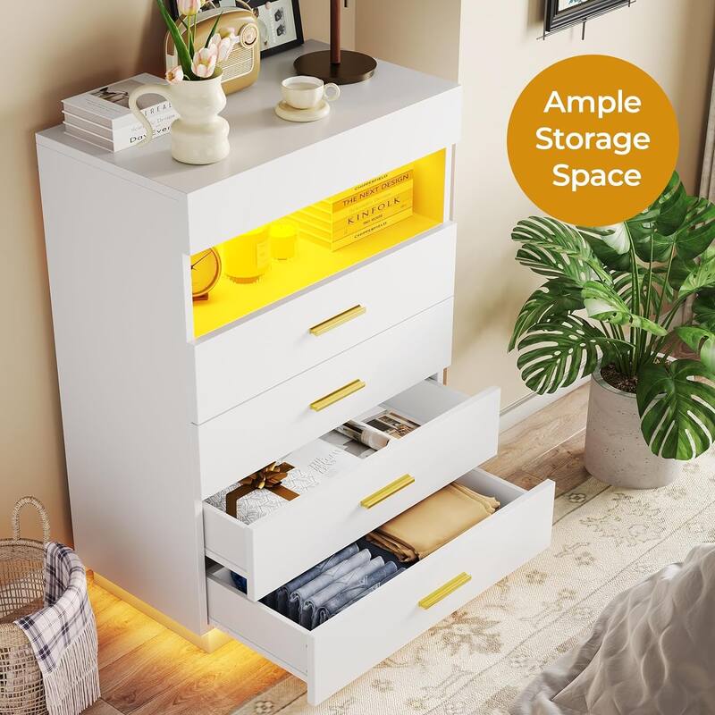 Dresser LED Lights Floating Tall Dresser 4 Large Drawers Open Storage