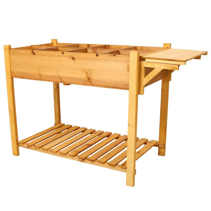 Country Rustic Style Garden Bed with Foldable Side Table and Storage Shelf, for Herb Vegetables Flowers Outdoor Gardening