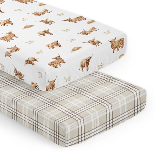 slide 2 of 6, Sweet Jojo Designs Boho Highland Cow Boy, Girl, Gender Neutral 2 Pack Fitted Crib Sheets - Taupe Plaid & Farm Animal, Farmhouse