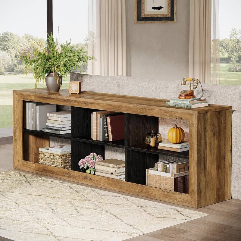 6 Cube Storage Book Shelf, 63" Long Horizontal Bookshelf, Floor Standing Wooden Cubby Bookcase
