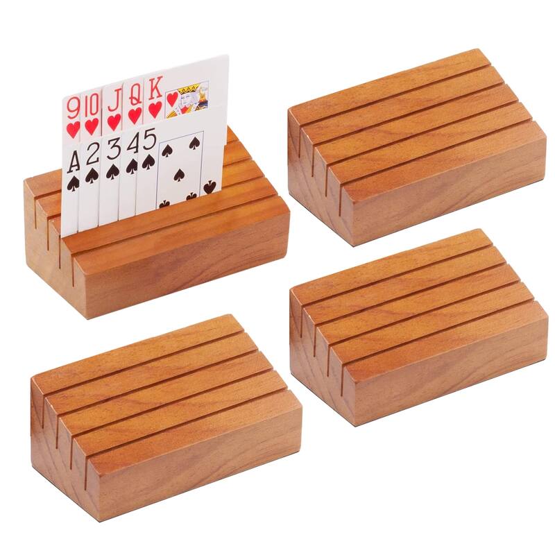GSE™ Set of 4 Wooden Playing Card Holders, 6" Card Game Trays/Racks Organizer Set for Kids Seniors Adults