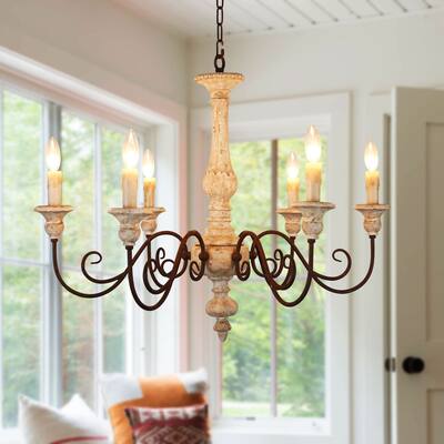 6-Light Distressed Candlestick Wooden Vintage French Country Chandelier - Disressed Wood