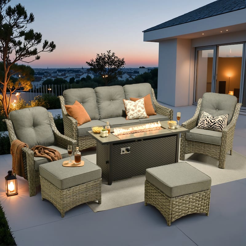 XIZZI 7-Piece Patio Seating Set with Cushions and Fire Pit Table - Dark Grey