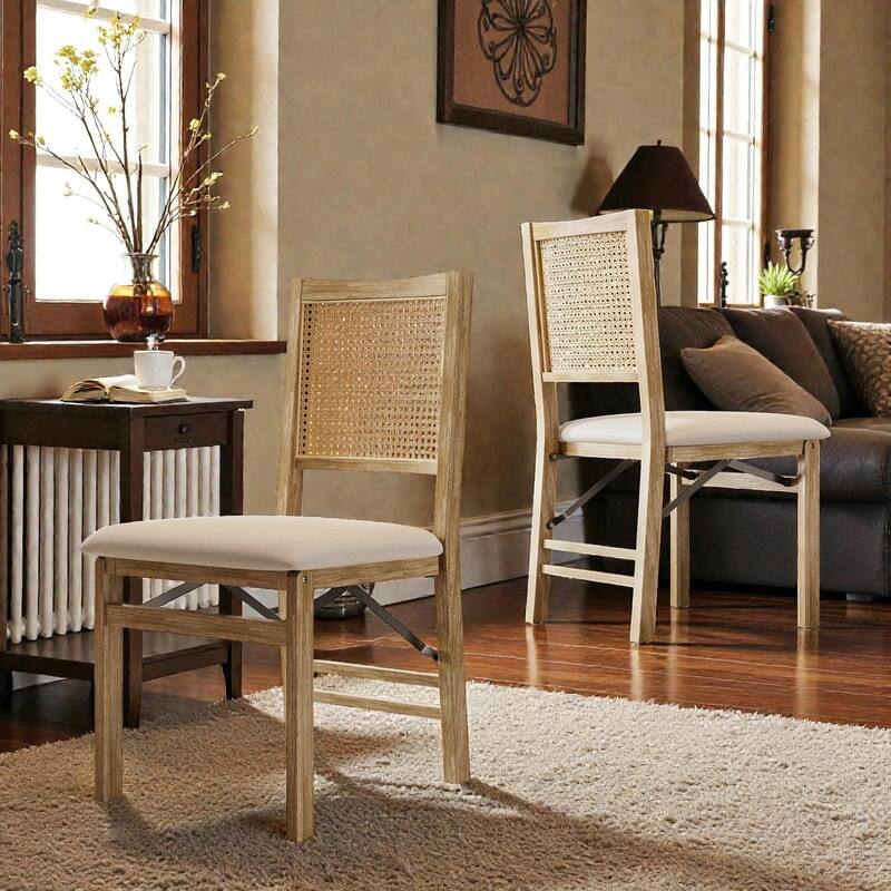 Scandinavian Woven Back Wooden Dining Chairs, Set of 2, Solid Wood Frame with Cushioned Seat