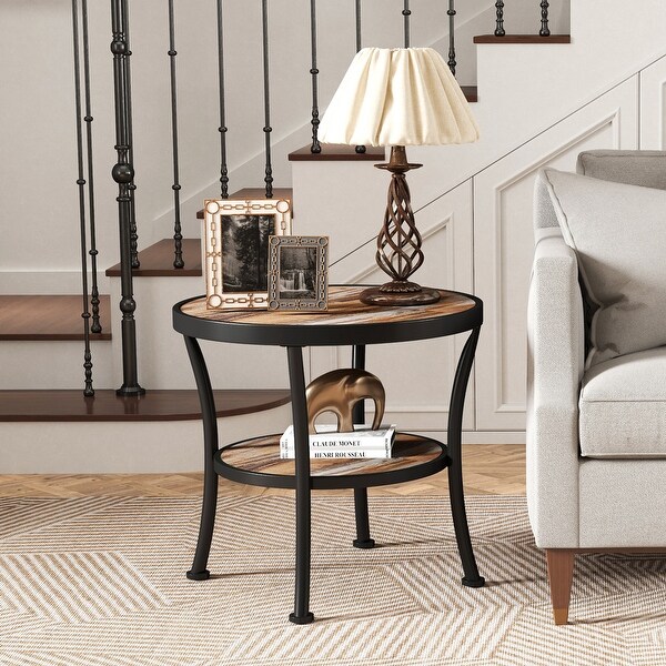 Myhozm Rustic Round End Table with Storage, Industrial Side Table