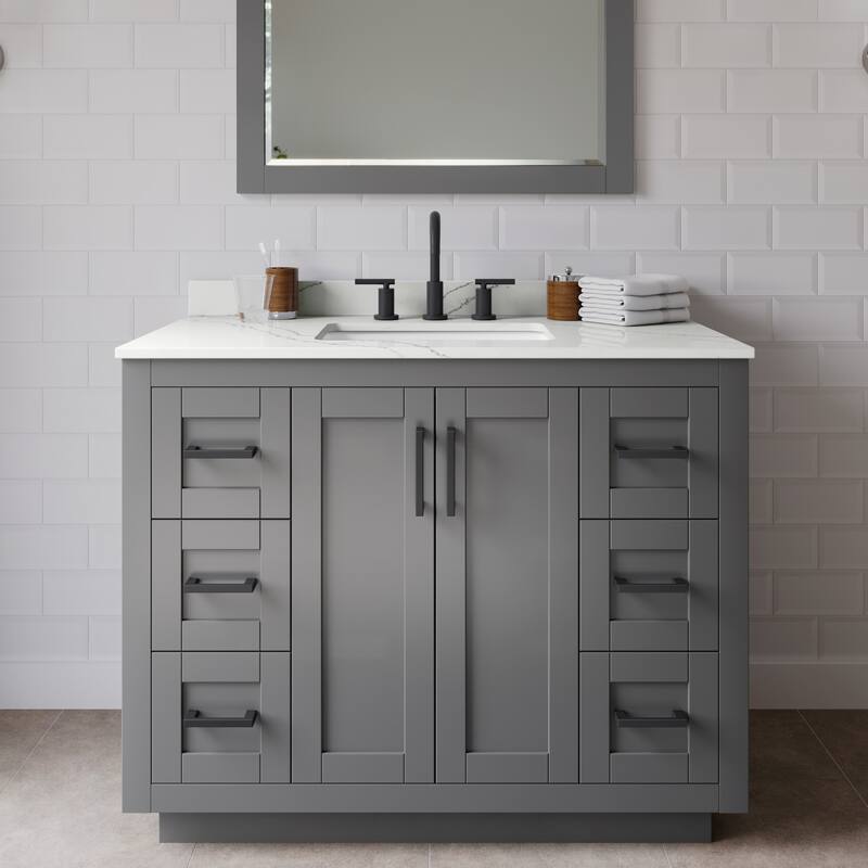 Wyndham Collection WCF292942S-QTZ-US3MXX Miranda 42" Free Standing - Dark Gray / Giotto Quartz Top / Matte Black