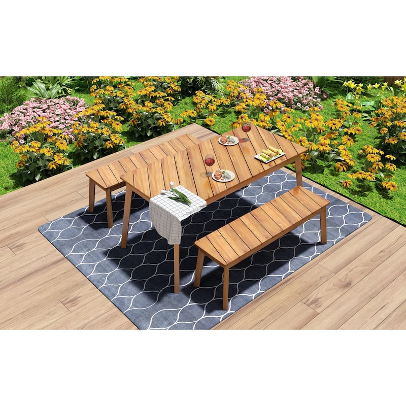 Roomfitters 3 Pieces Acacia Wood Table Bench Dining Set For Outdoor & Indoor Furniture With 2 Benches - Acacia Wood