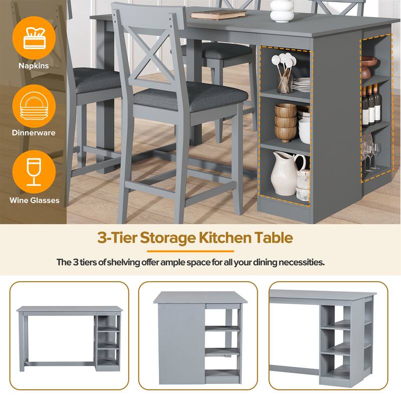 5 Piece Wood Dining Table Set with Storage Shelves and 4 Upholstered Dining Chairs