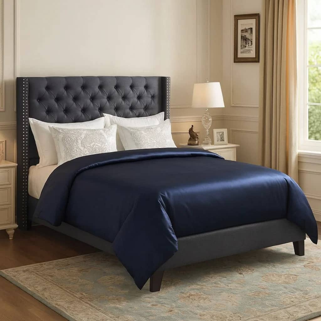 Polyfiber Upholstered Full Size Bed Featuring Nail head Trim Blue Gray