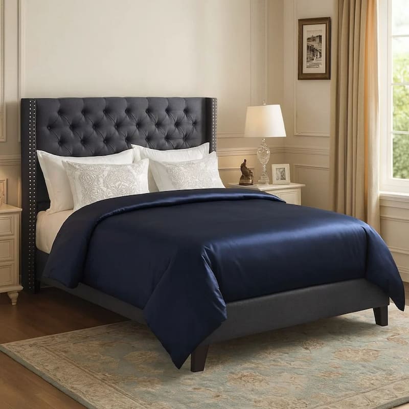 Polyfiber Upholstered Full Size Bed Featuring Nail head Trim Blue Gray