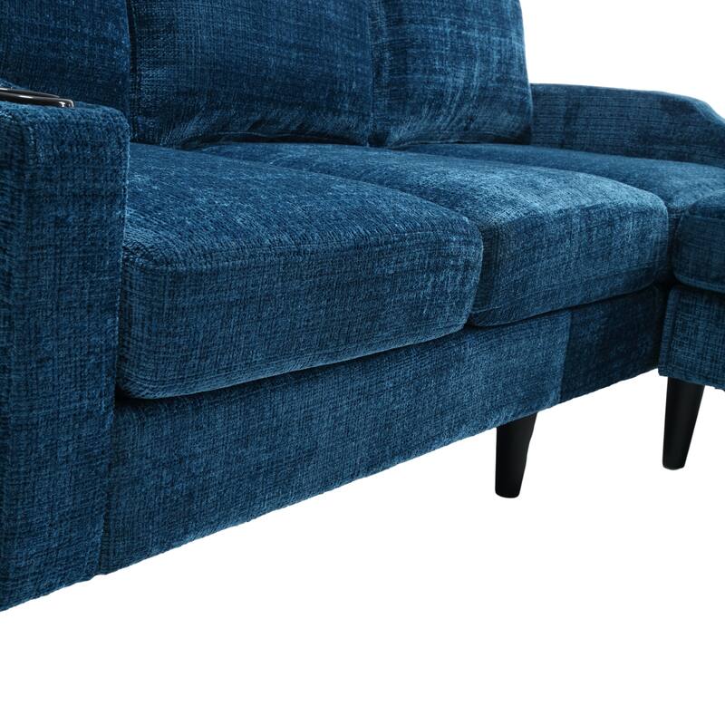 Modular Sectional Sofa with Storage Ottoman, Comfy Chenille Fabric Sofa, 3-Seater Sofa with Side Pockets & 2 Cup Holders