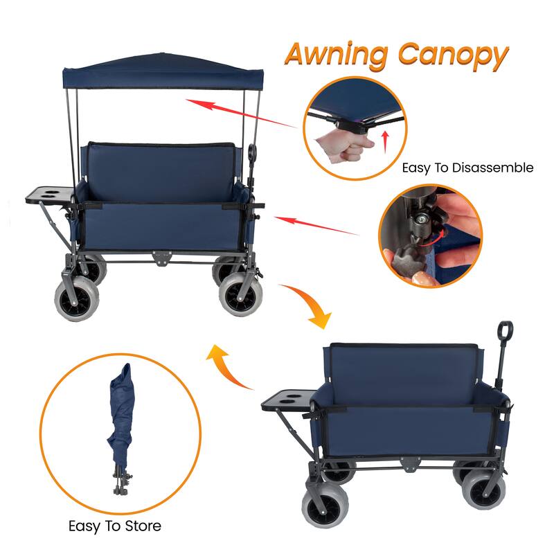 3-in-1 Collapsible Wagon,Convertible Folding Cart with Canopy &Rear-Mounted Folding Tabletop, 500lbs Heavy-Duty, 180L Capacity