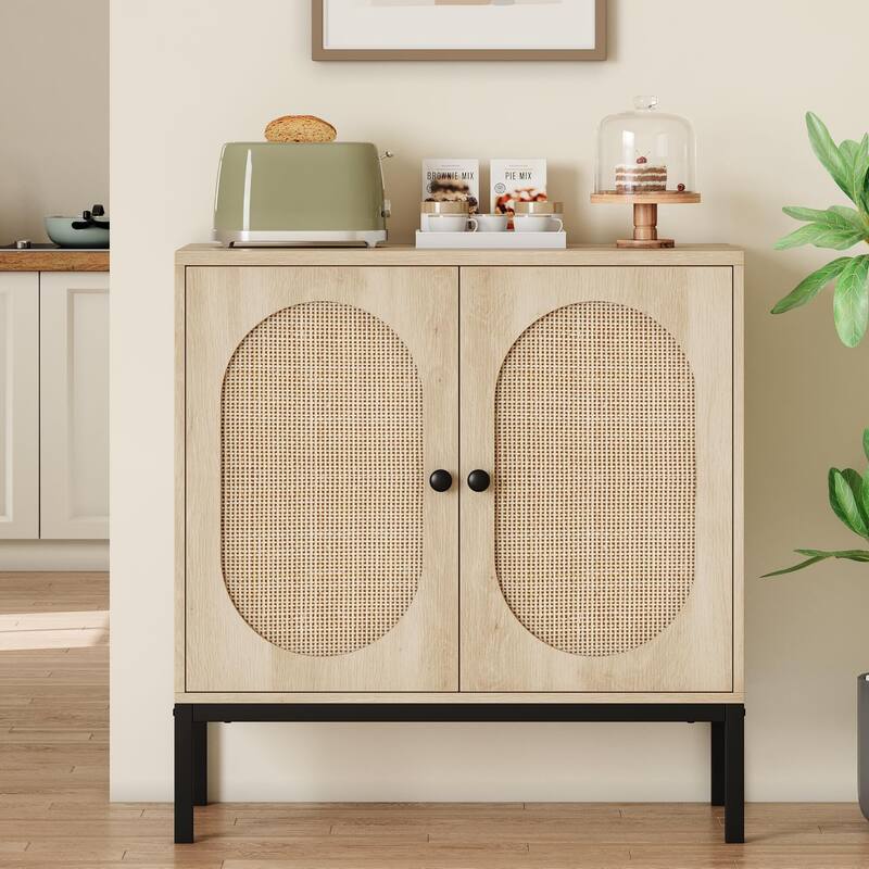 Rattan Buffet Cabinet with Natural Rattan Doors, Sideboard Storage Cabinet with Adjustable Shelf