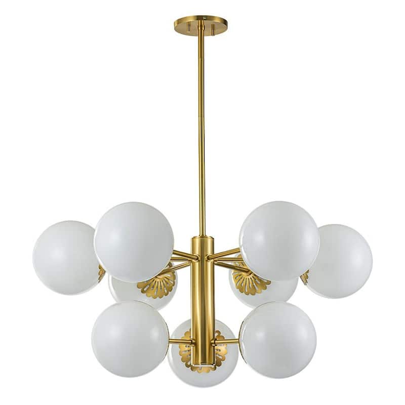 MidCentury Opaque White Glass Globe Sputnik Chandelier Aged Brass