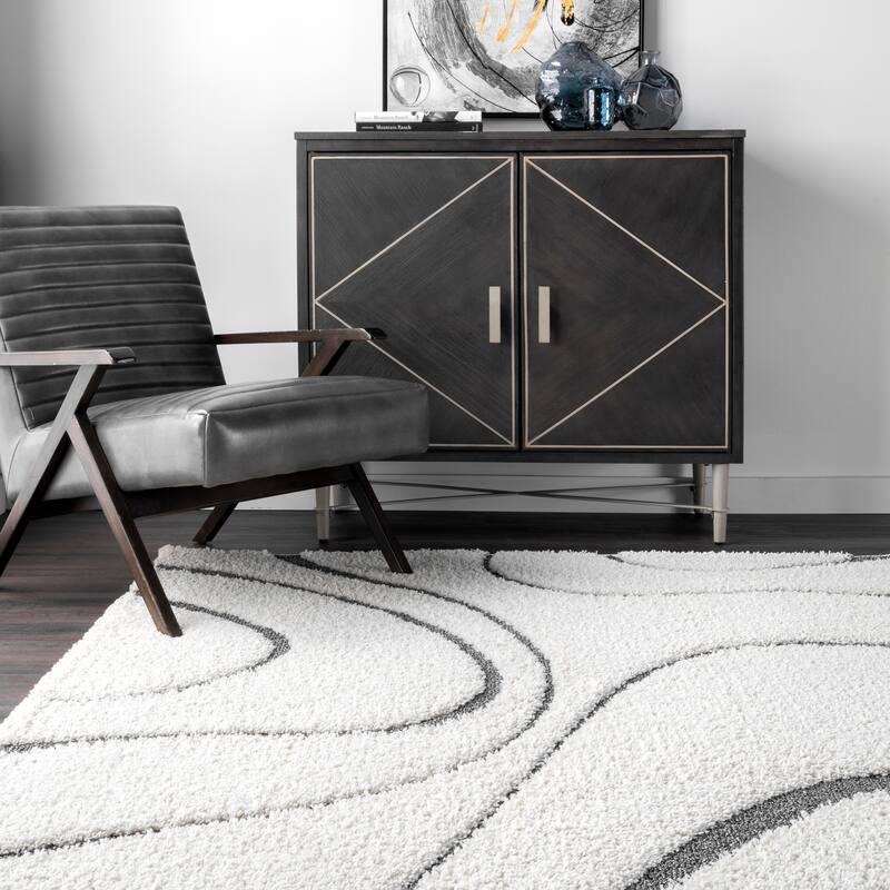 Brooklyn Rug Co Krista Contemporary Swirls Shag Area Rug - 5' x 8' Oval - White/Gray