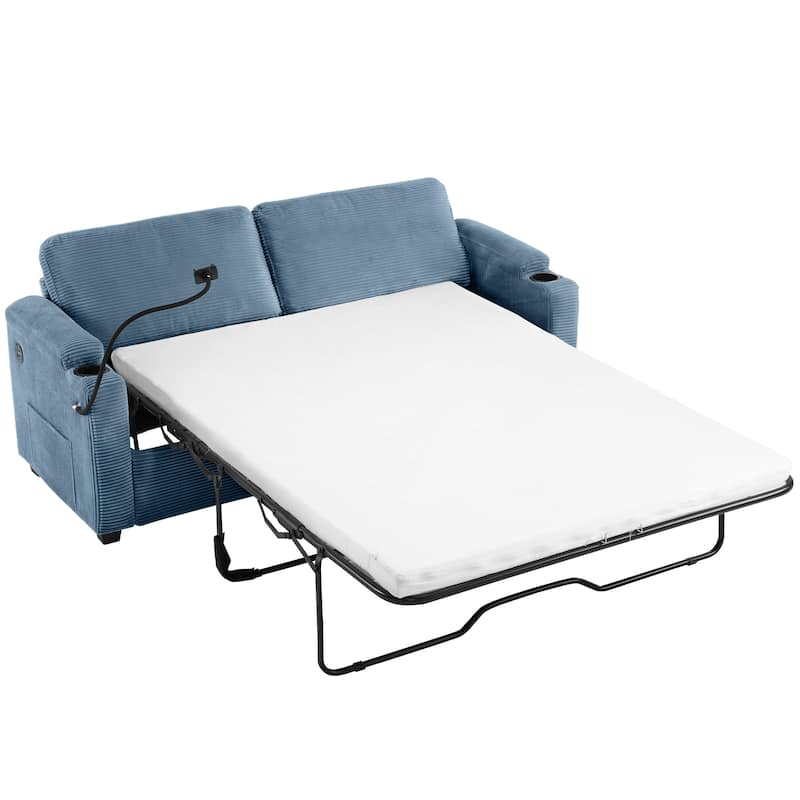 72.8" Corduroy Sleeper Sofa with Full Size Mattress and USB Ports, Loveseat Sofa with Cup Holders and Side Pockets