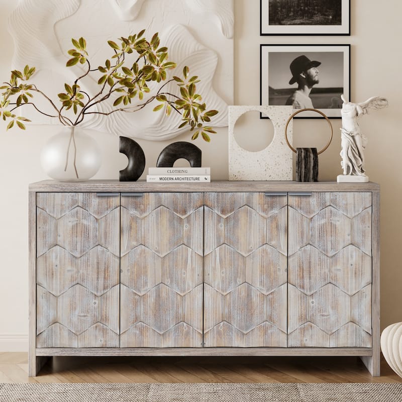 Farmhouse Style Wooden Sideboard Buffet Server Cabinet with Doors - Natural Wood Wash-4 Doors
