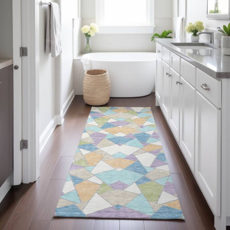 Machine Washable Indoor/ Outdoor Modern Mosaic Chantille Rug