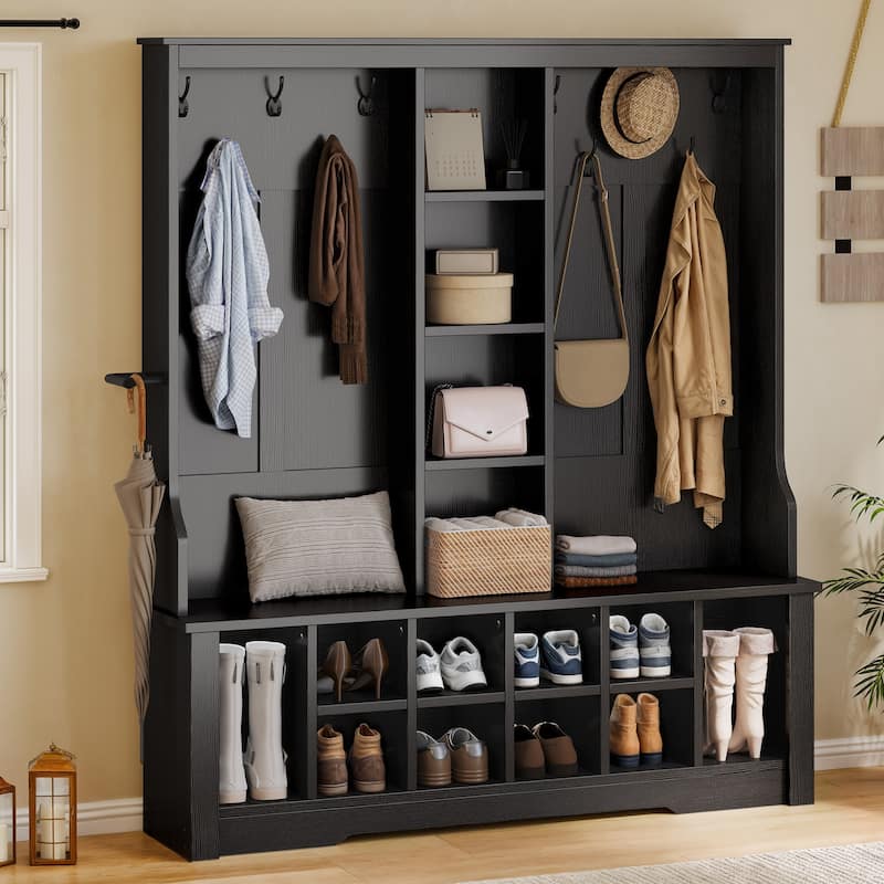 Moasis Farmhouse Hall Tree with Bench and Shoe Storage with 10 Hooks for Entryway - 59 Inch - Black