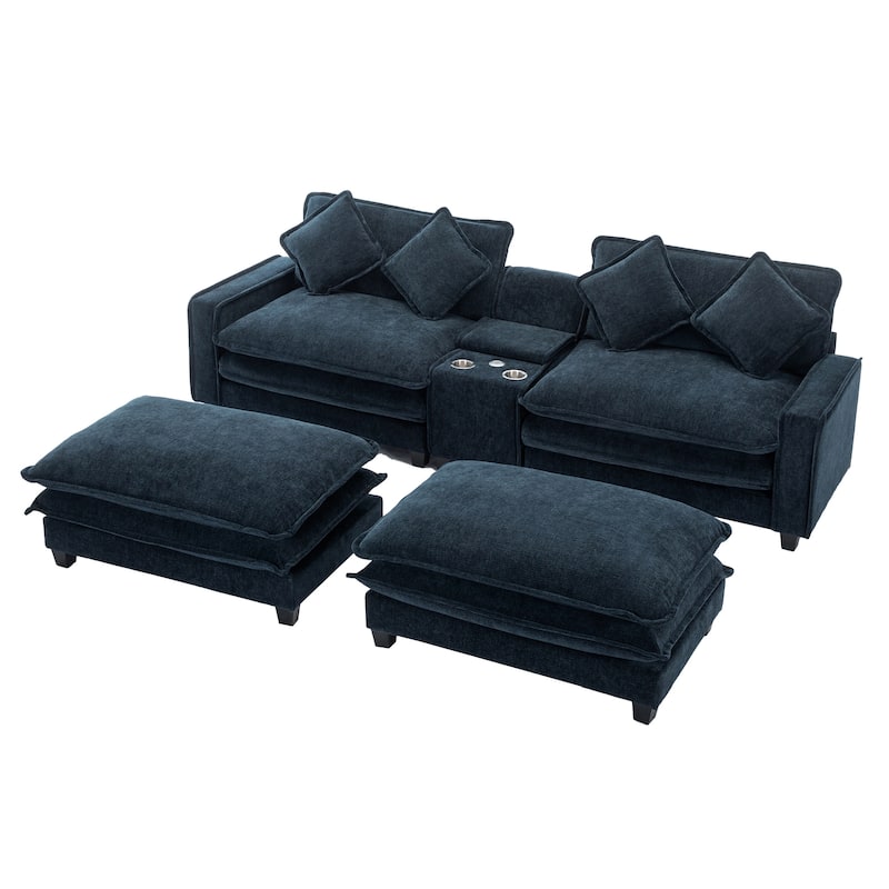 111" Chenille Sectional Sofa with 2 Ottomans, USB Ports and Storage - 4-Seater and Pocket Spring Cushions Cup Holders