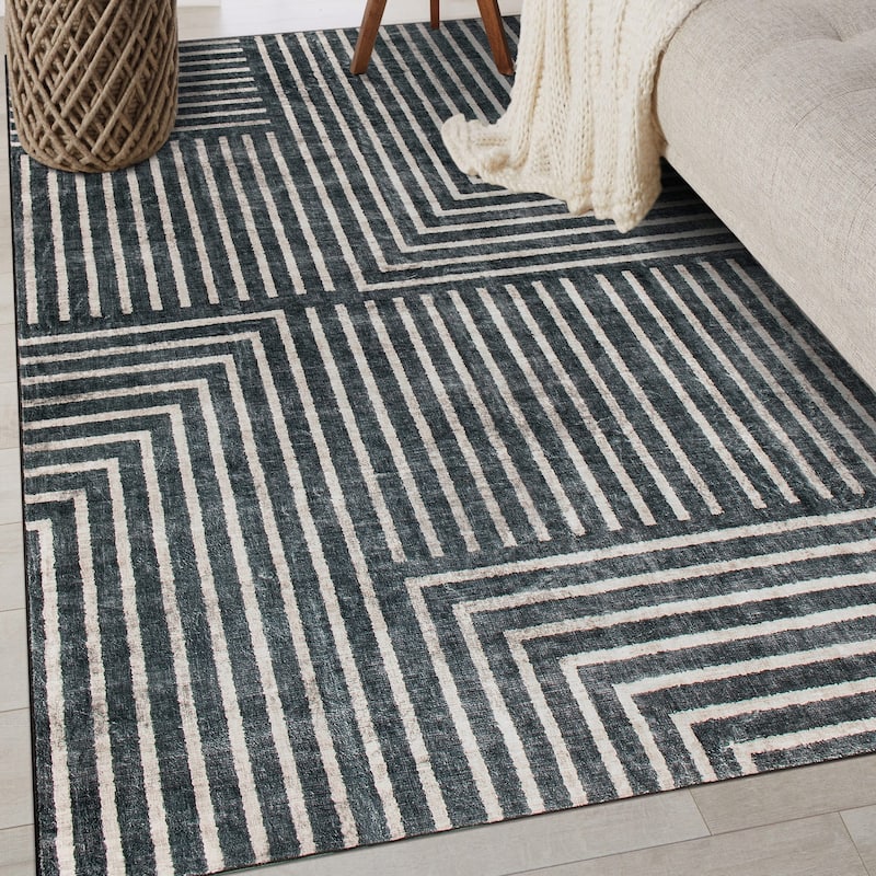 World Rug Gallery Distressed Bohemian Stripes Washable Non Slip Area Rug - Anthracite - 3'x5'