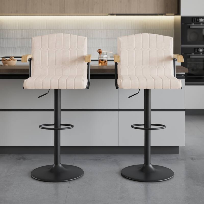 2/4 Pack Beige Flocked Bar Stools Swivel 35.4"-43.3" Adjustable Height Brown Arms Counter Bar Height Kitchen Island Set