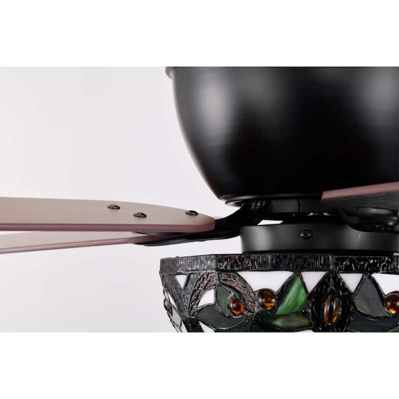 Peacoo 52-Inch Flushmount Lighted Ceiling Fan Ivory Leaf Berry Tiffany Glass Lamp Black Finish