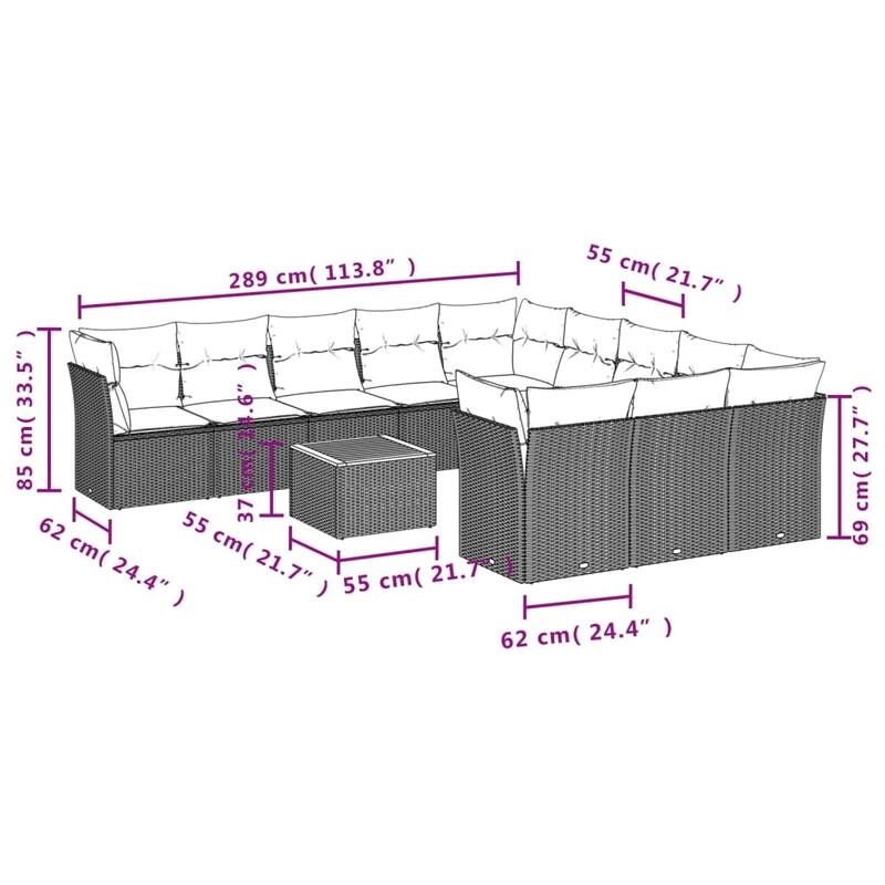 vidaXL 12 Piece Patio Sofa Set with Cushions Black Poly Rattan - 24.4 x 24.4 x 27.2