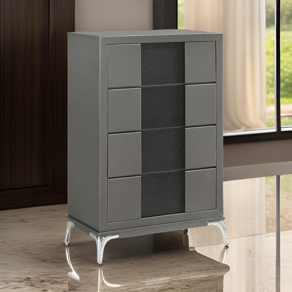 Rya 48 Inch Tall Dresser Chest, 4 Drawers, Gray Wood, Angled Chrome Legs