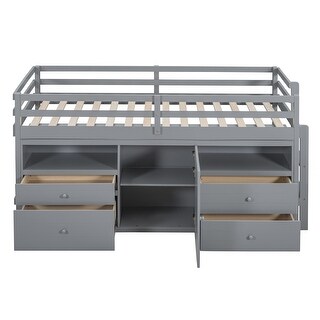 Space-saving Twin Size Loft Bed with 4 Drawers, Platform Bed with Underneath Cabinet, Wooden Bed with Shelves, Espresso