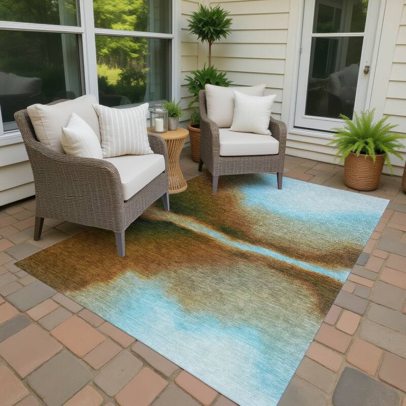 Machine Washable Indoor/ Outdoor Modern Landscape Chantille Rug - Blue - 8' x 10'